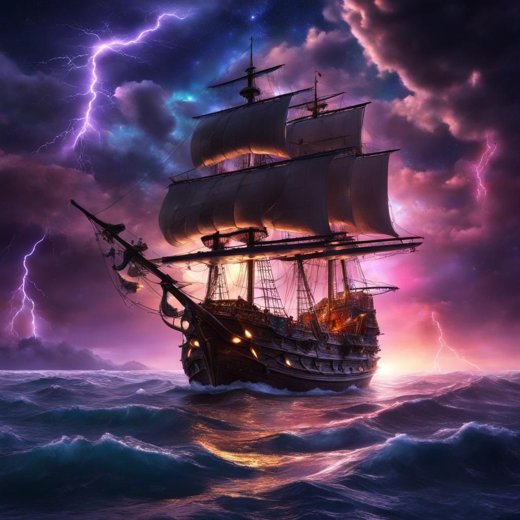 Galleon on Magical Ocean with Cosmic Sky