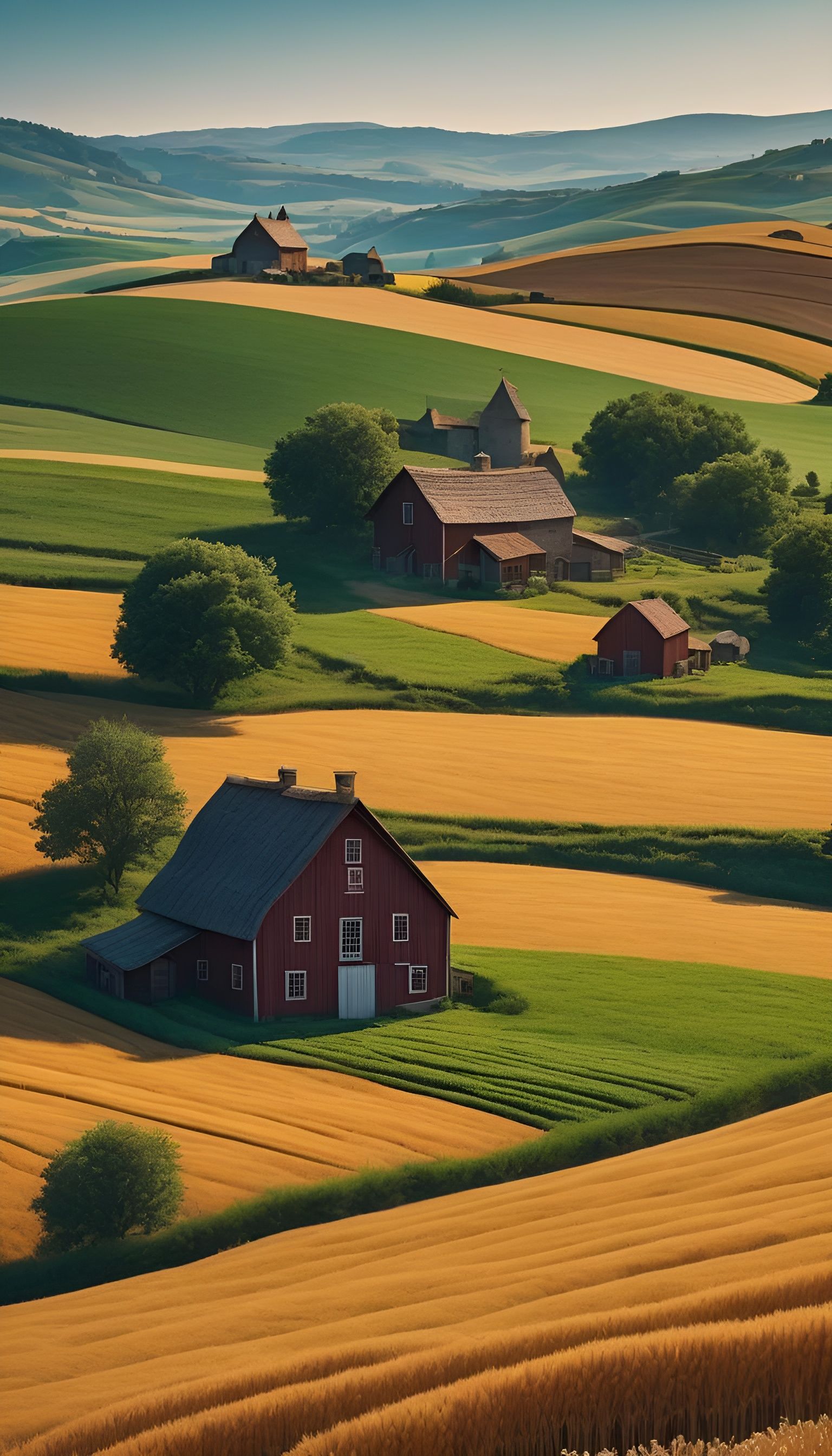 Picturesque Farm with Livestock in Rolling Hills