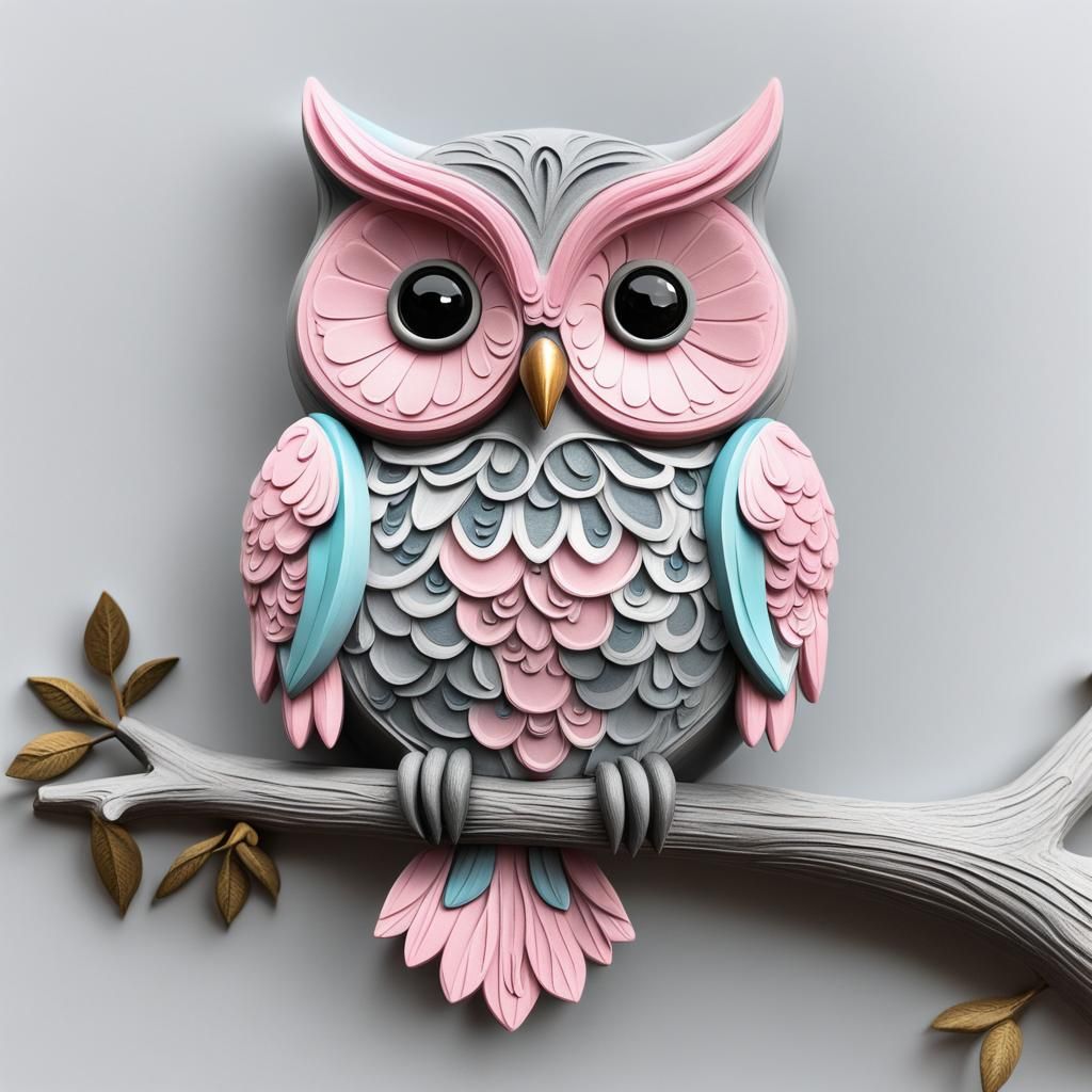 Whimsical Owl with Bubblegum Wings on Carved Branch