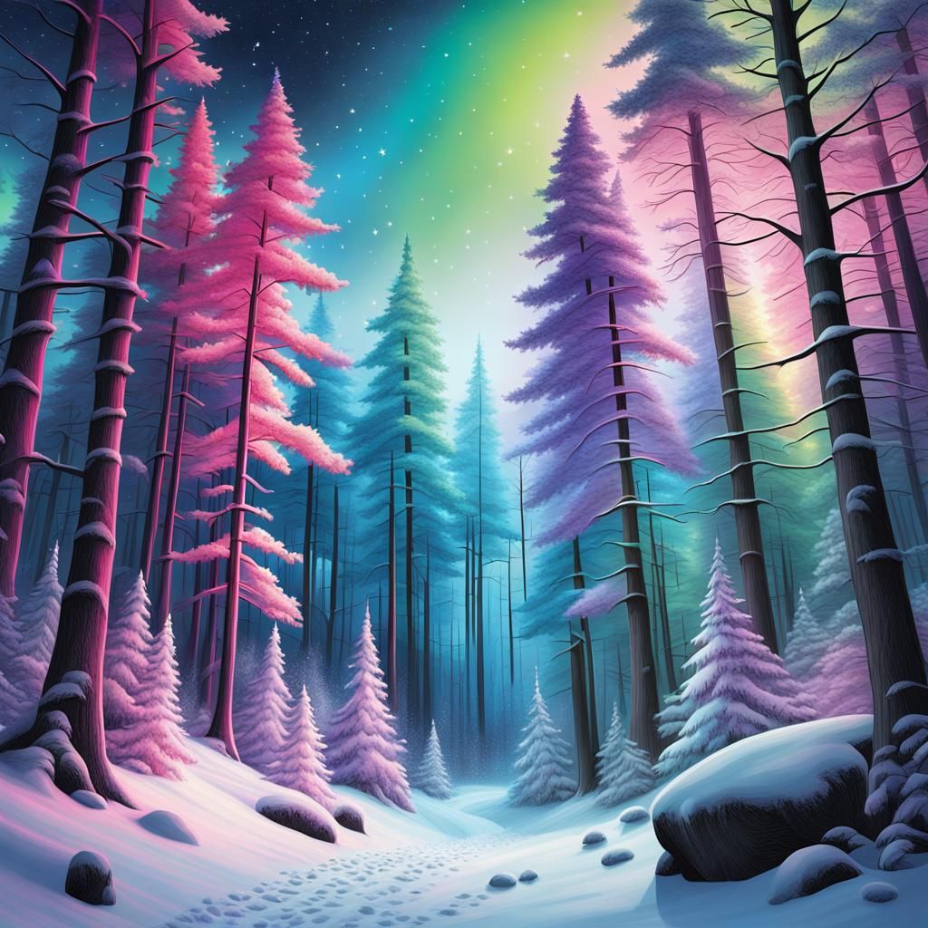 A neon-hued fantasy forest