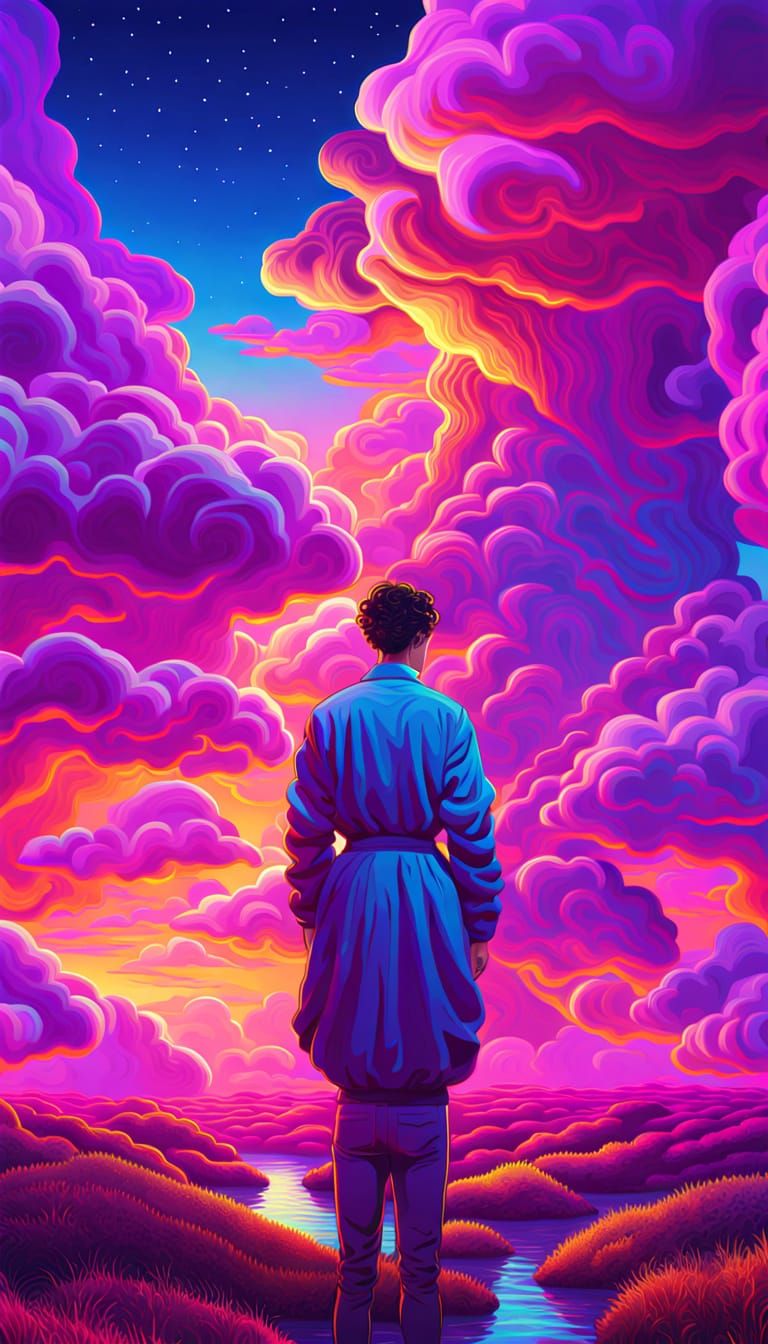 Dreamlike Landscape with Neon Lights, Oil Painting