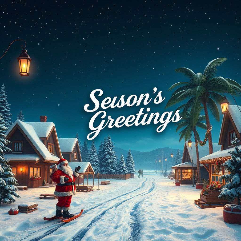 Festive Snowy Village Scene at Night