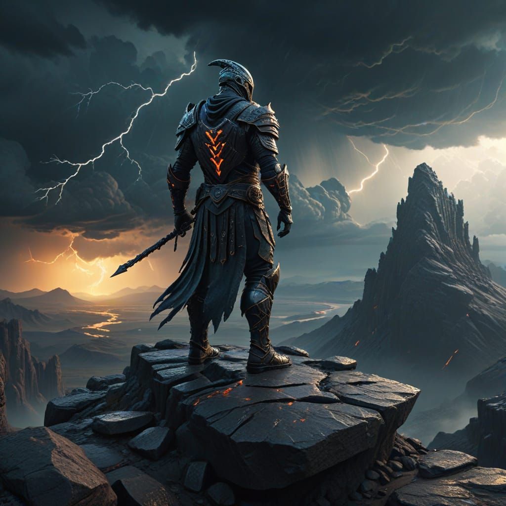 Warrior Facing Storm on Precipice in Alien Landscape