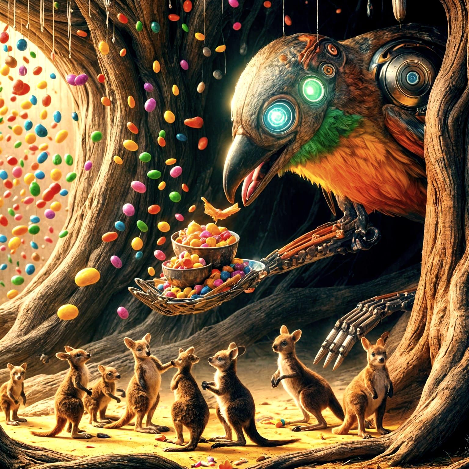 Android Bird Feeds Kangaroo Pups in Candy Rain