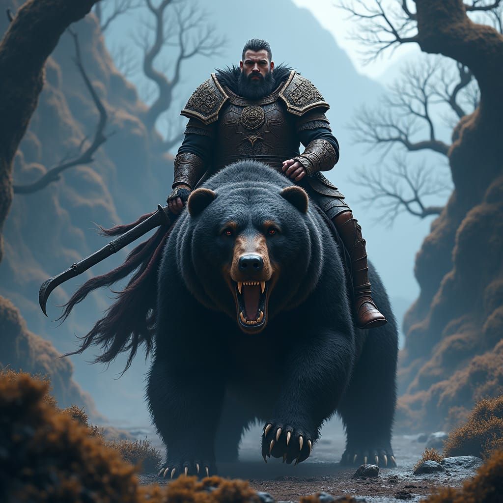 Barbarian Warrior on Grizzly Bear in Fantasy Landscape