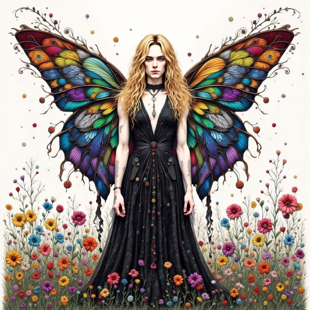 Gothic Fairy with Rainbow Wings in Meadow