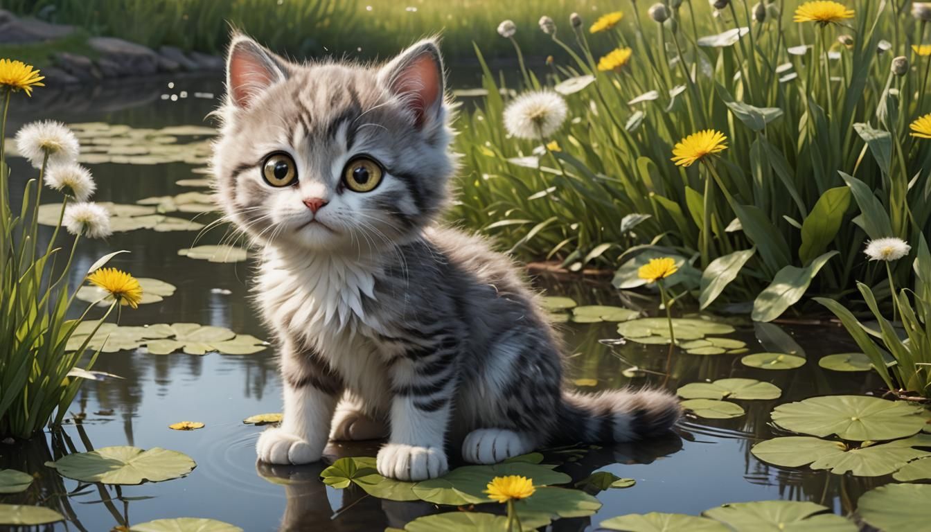 Adorable Sad Kitten with Big Eyes Near Pond