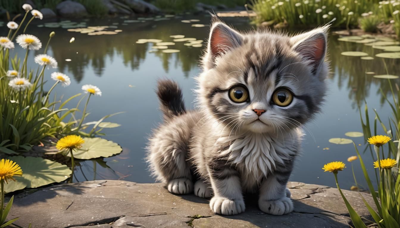 Sad Kitten with Big Eyes near a Pond