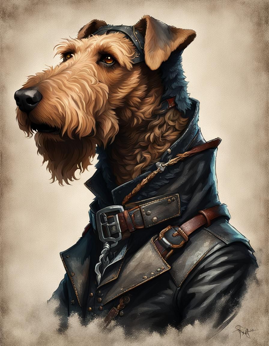 Airedale Terrier in Leather Outfit, Sinister Style