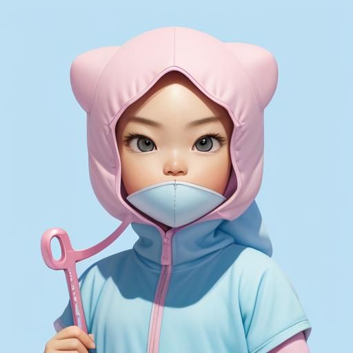 Pastel Ninja Baby Portrait, Watercolor and Ink Style