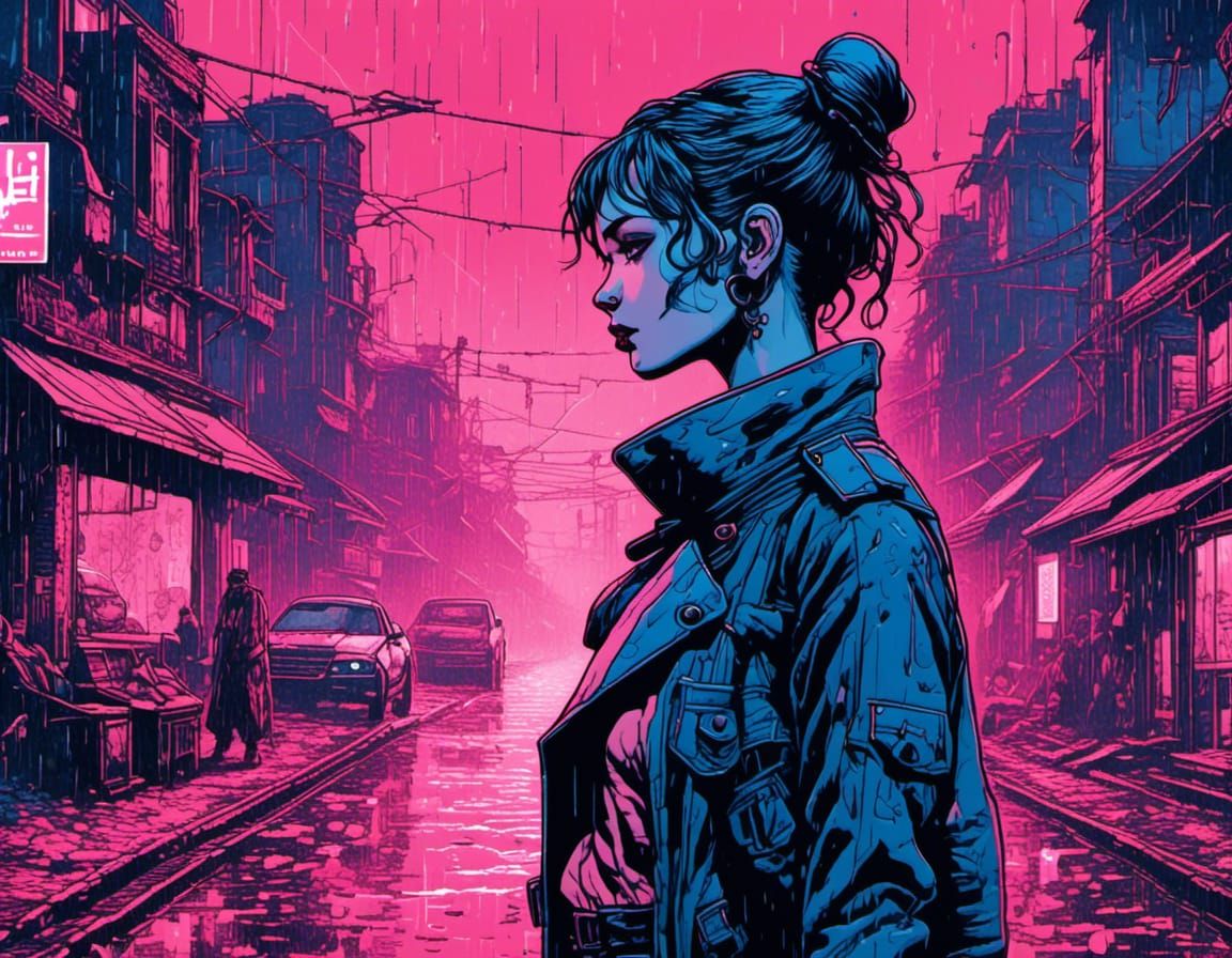 Victorian Catgirl in a Futuristic Linocut City