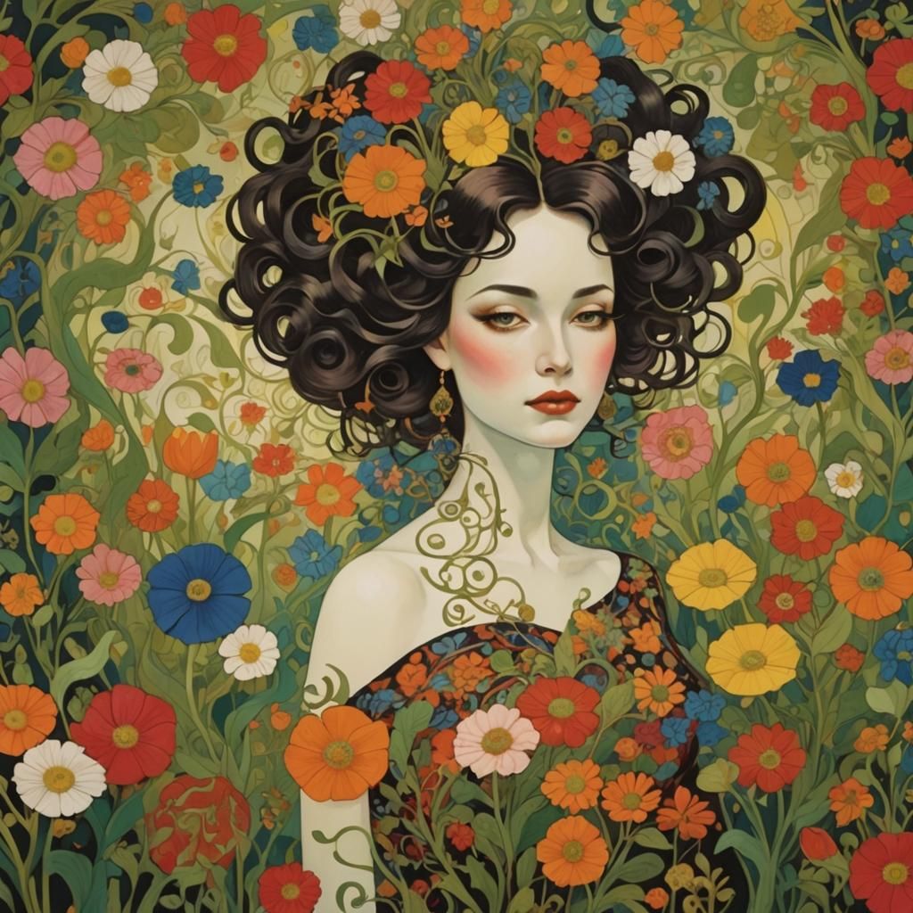 Psychedelic Art Nouveau Floral Design in 60s Style