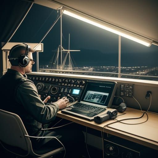 Ham Radio Operator in Cinematic Film Still