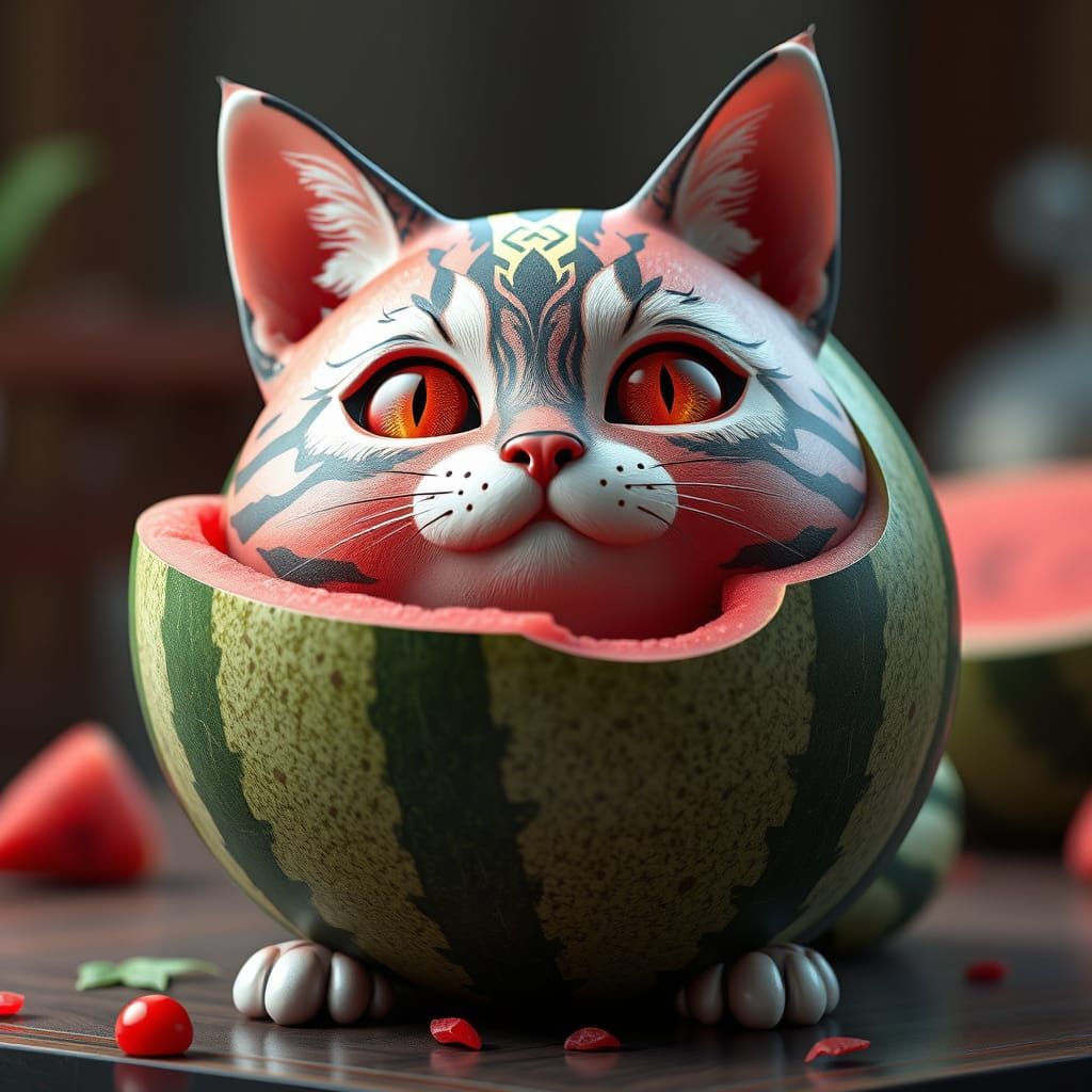 Anime-Inspired Cat Transforms into a Vibrant Watermelon