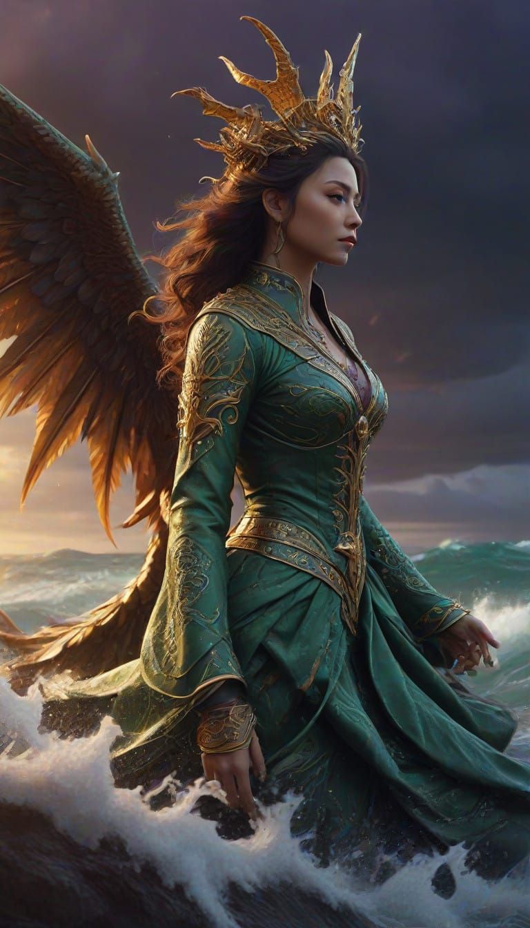 Iridescent Green Queen Rides Serpentine Dragon Above Turbule...