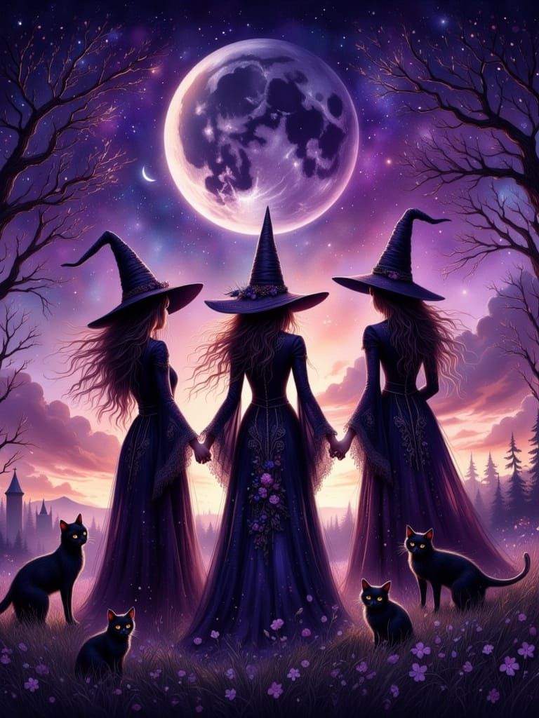Witches Silhouetted Against Cosmic Sky in Fantasy Painting