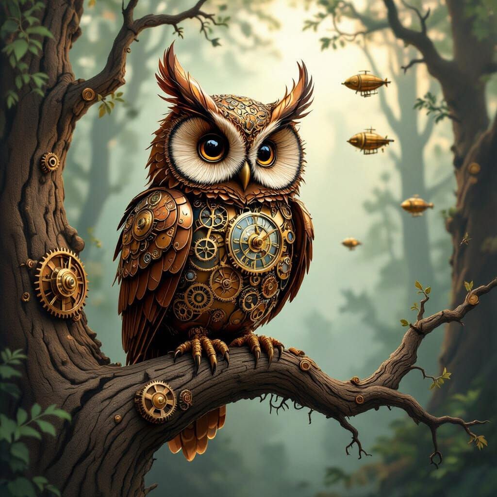 Clockwork Owl in Steampunk Forest