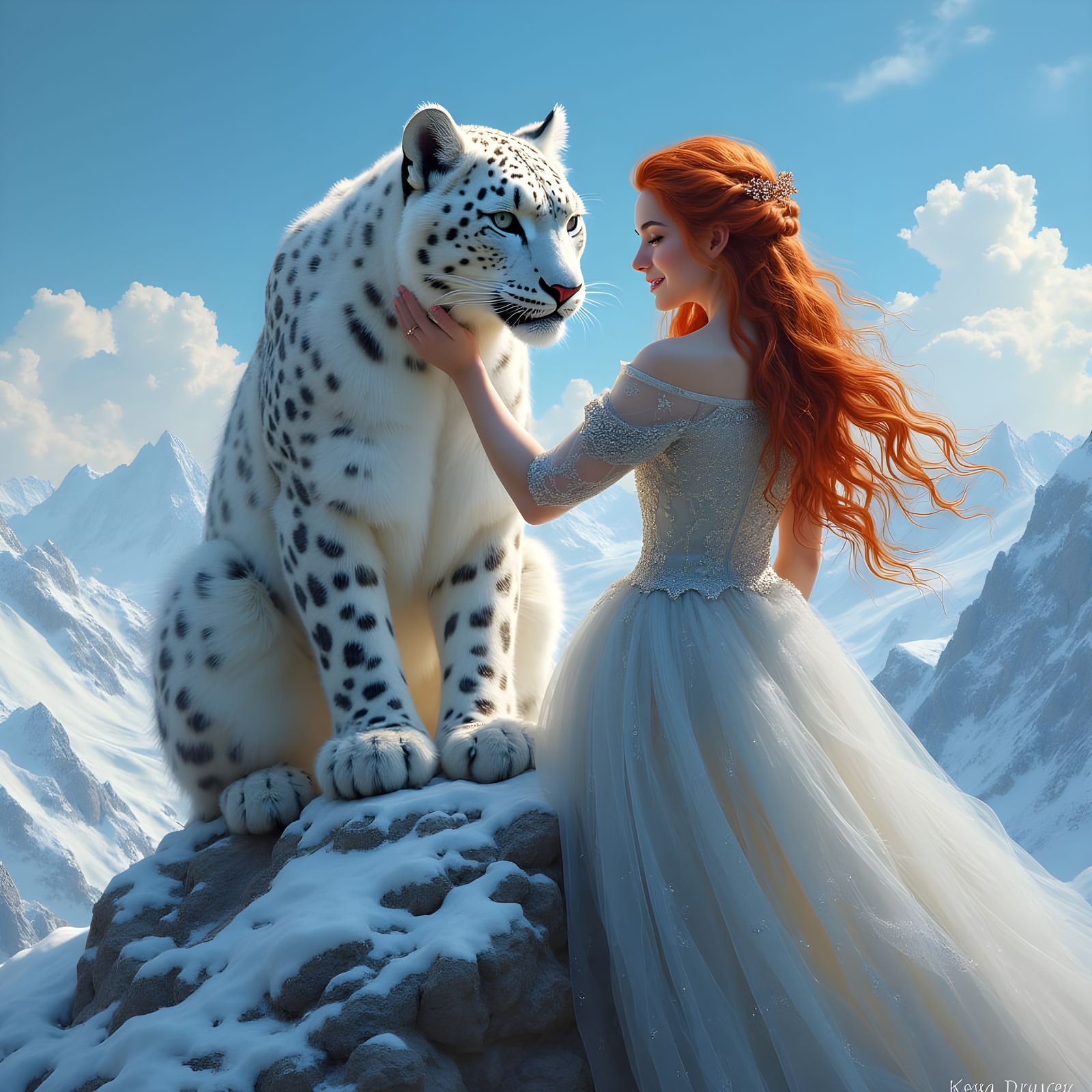 Snow Leopard and Elven Queen on Mountain Peak