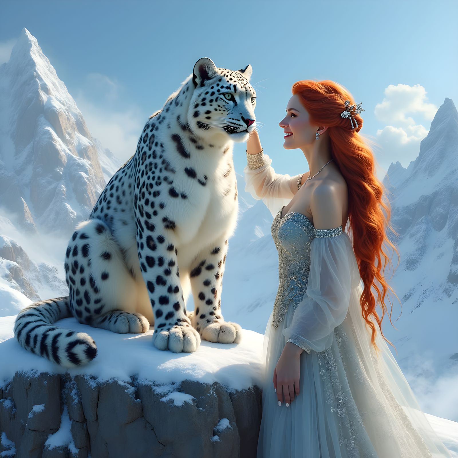 Regal Snow Leopard and Elven Queen Portrait