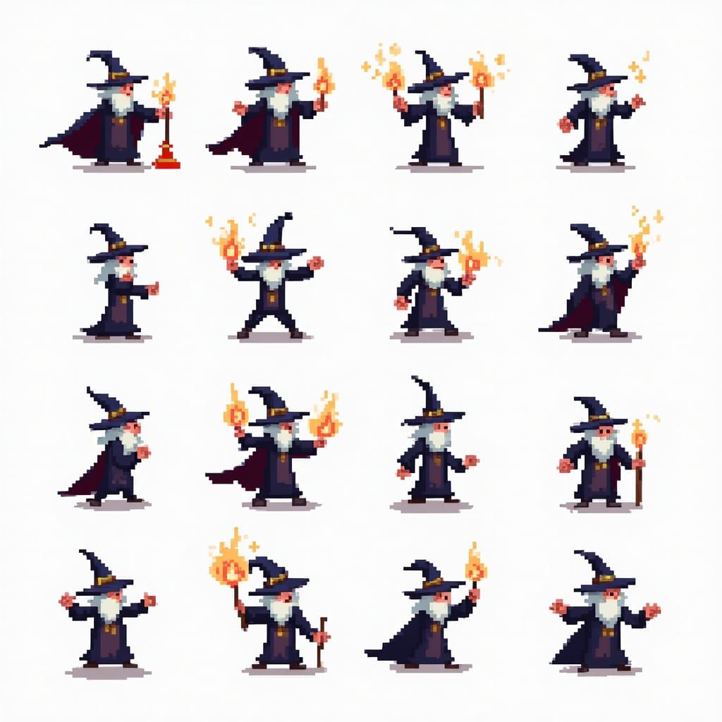 8-Bit Wizard Character Sprite Sheet in Pixel Art Style