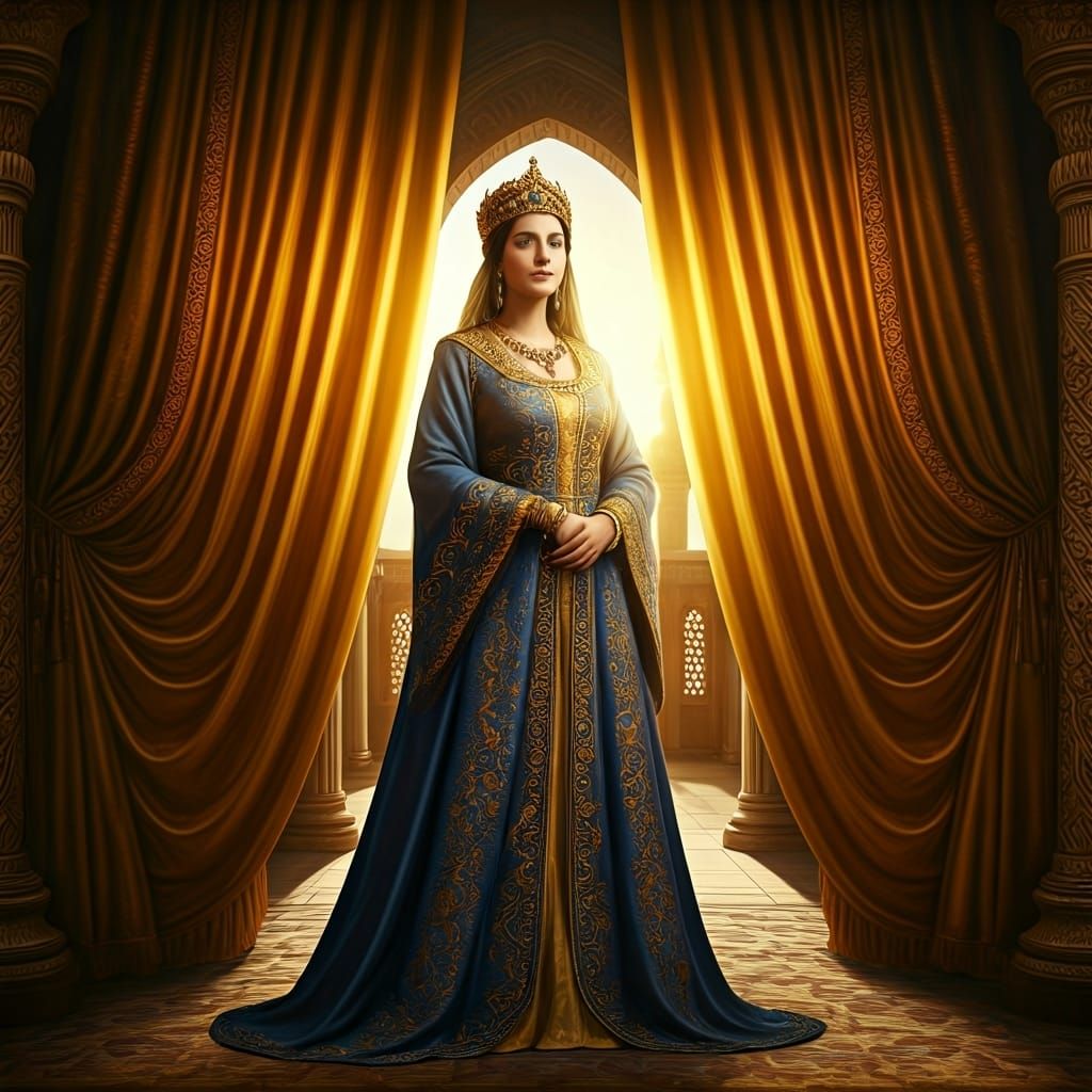 A Queen Esther standing in the Persian royal palace