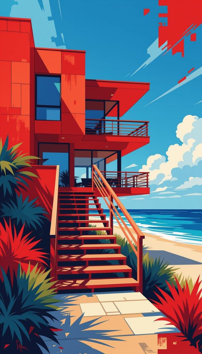 Abstract Beach House Artwork in Digital Collage Style