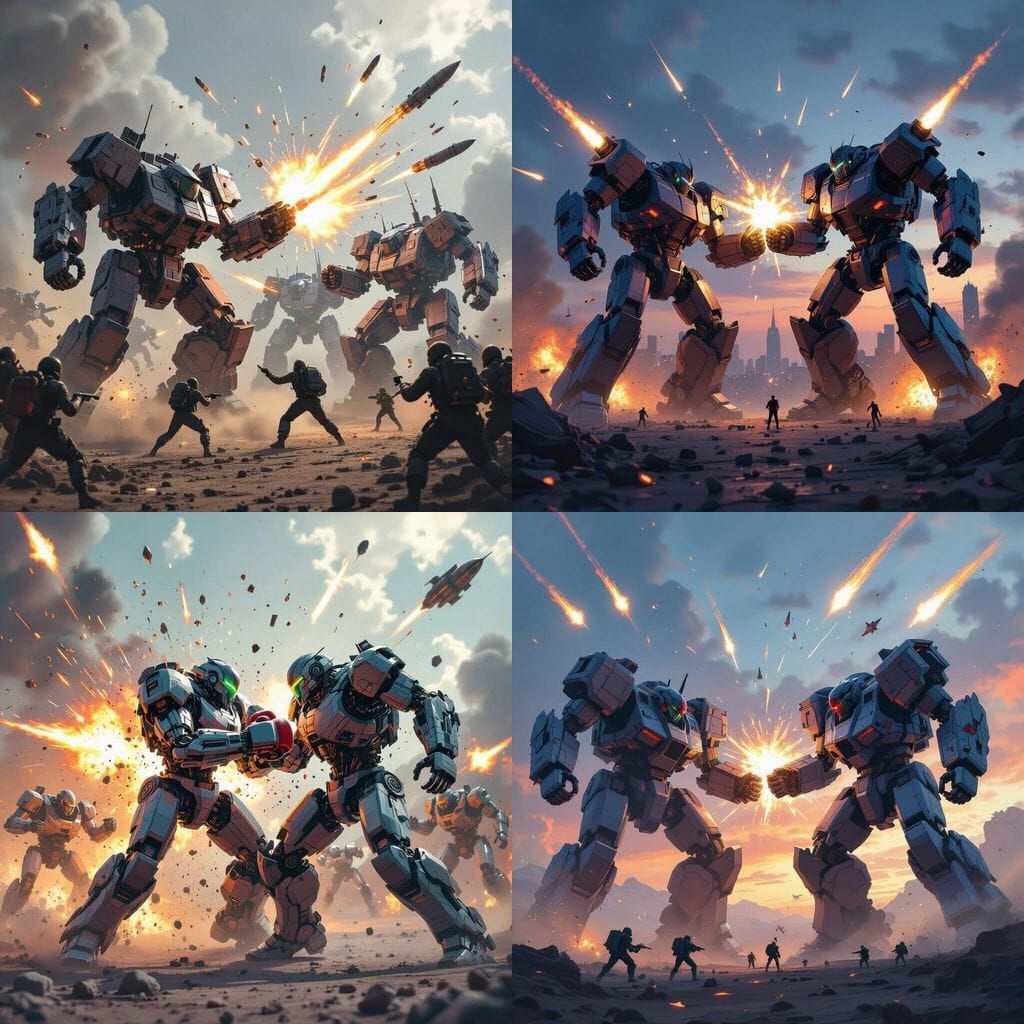 Massive Robot Battle: Intense Skirmish with Rockets and Fist...