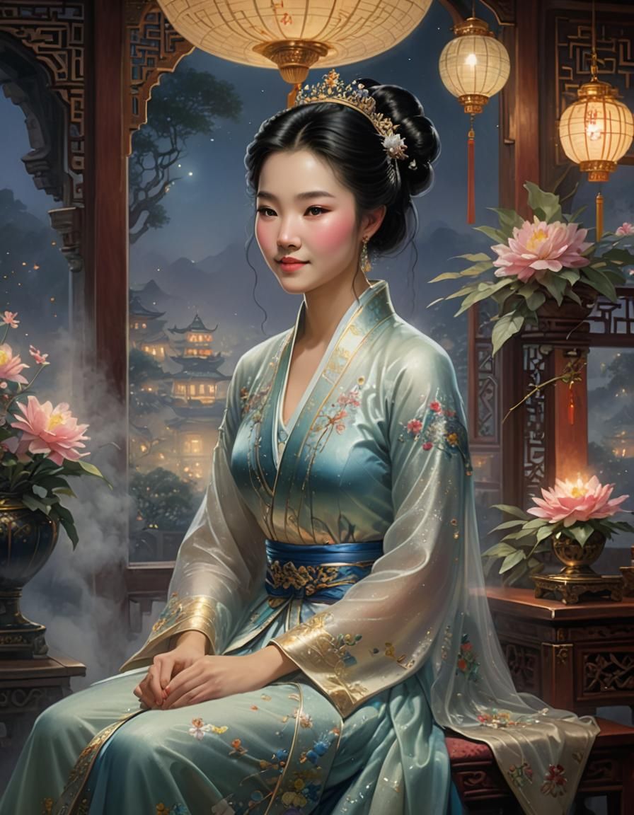A beautiful Chinese princess in Her room in a palace at nigh...