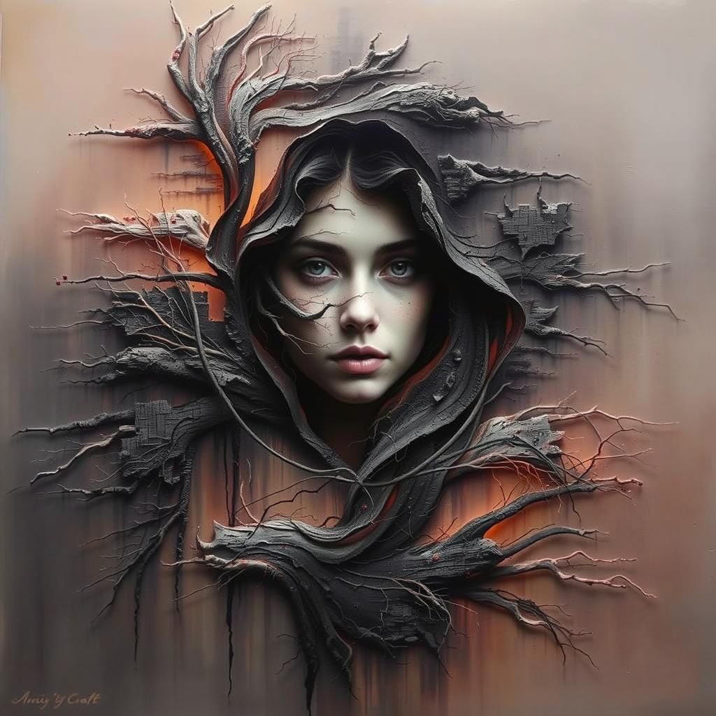 A gentle woman with soft, ethereal features, and warm, golde...