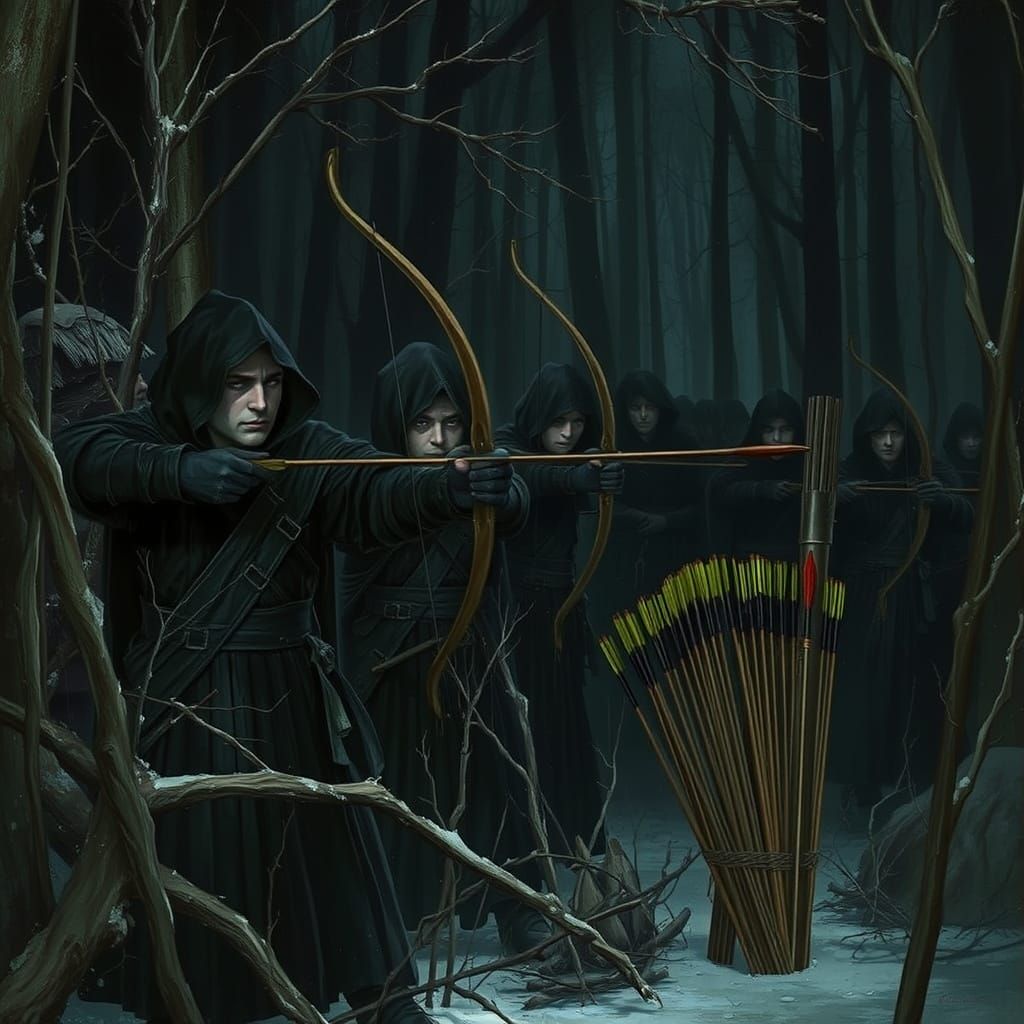 Archers in Stealth Mode, Hidden in Winter Forest Shadows