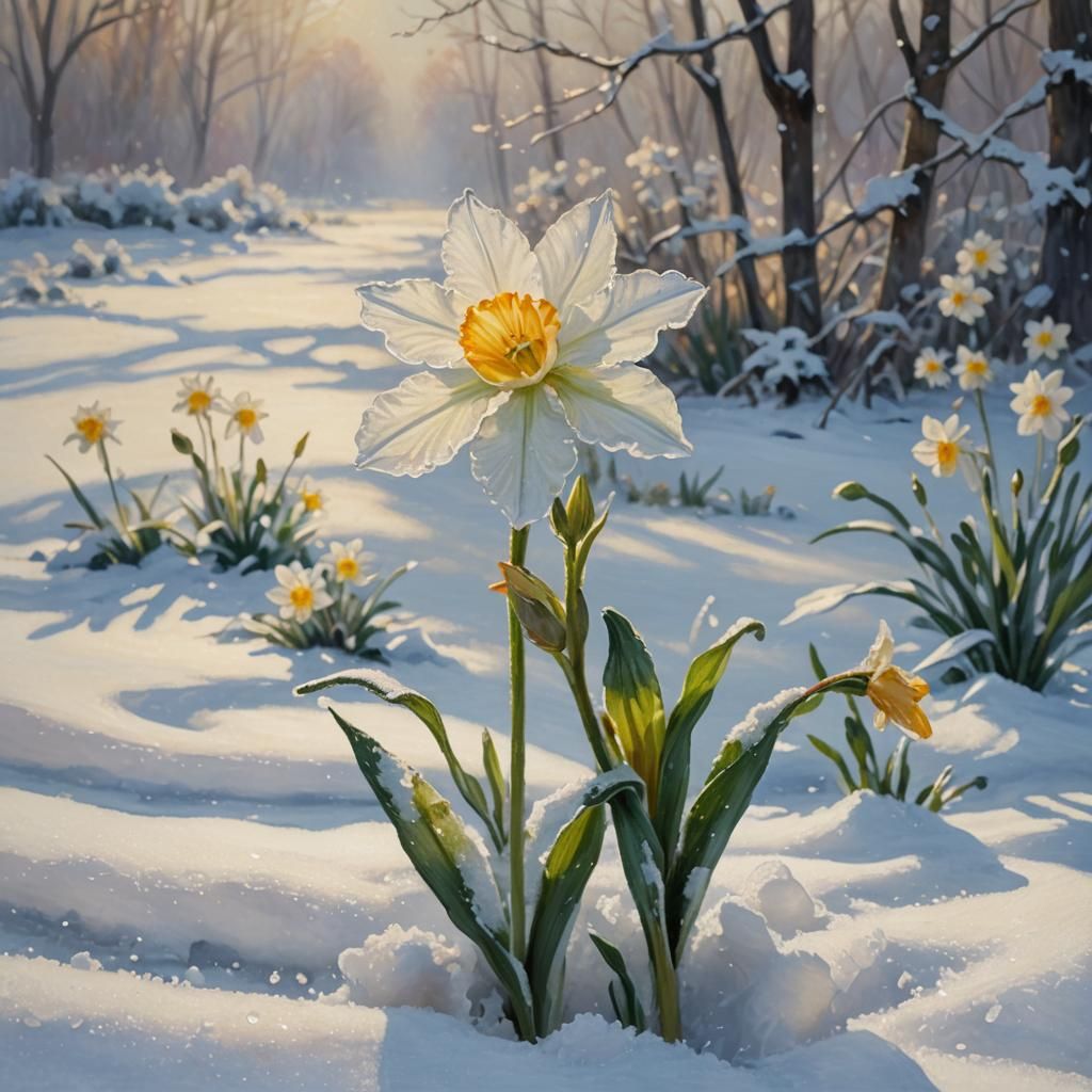 Jonquil in Snow: Impressionist Oil Painting