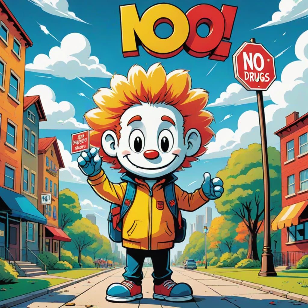 Whimsical Anti-Drug Cartoon in Bright, Colorful City Park