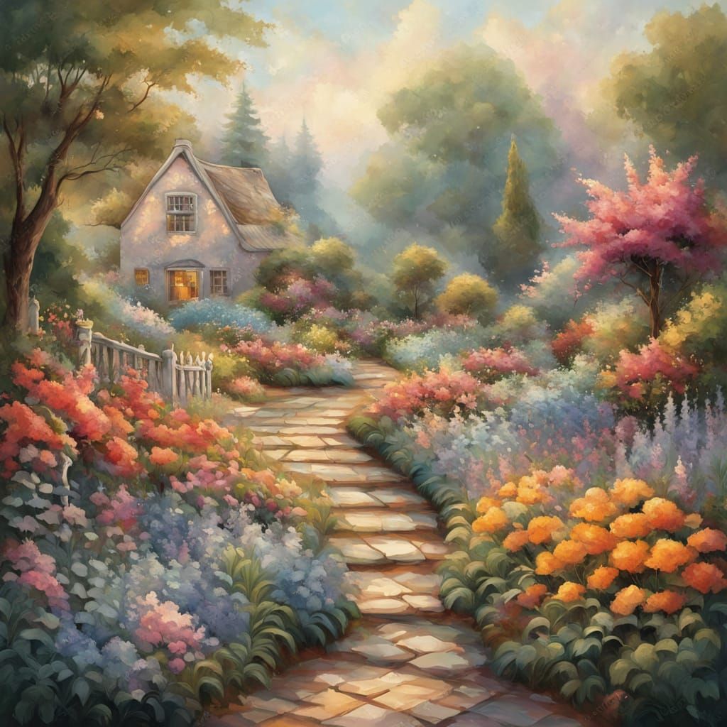 Whimsical Garden Scene in Timeless Impressionist Style