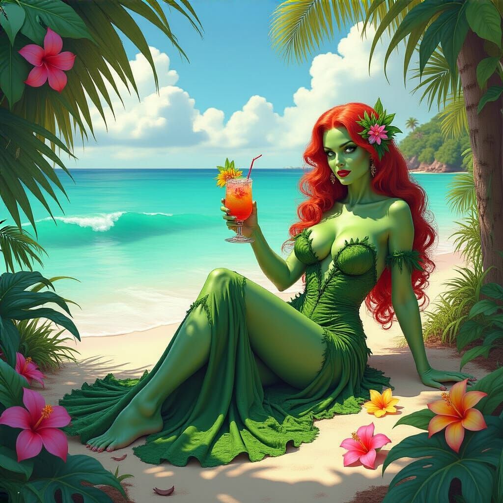 Poison Ivy Lounges on Tropical Beach, Comic Book Art