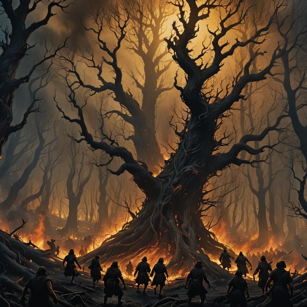 Villagers Fleeing Wildfire in Dark Fantasy Style