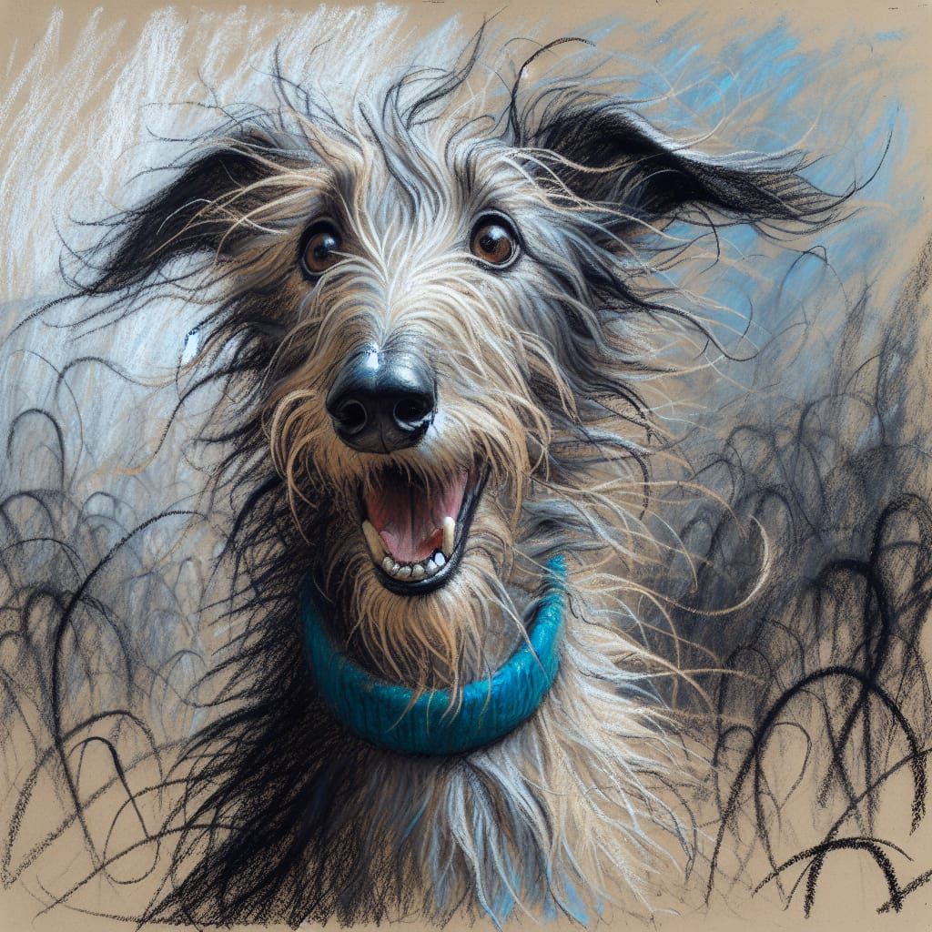 Whimsical Scottish Deerhound Charcoal Drawing