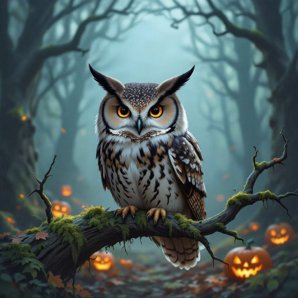 Wise Owl Wears Pumpkin Hat in Eerie Halloween Forest