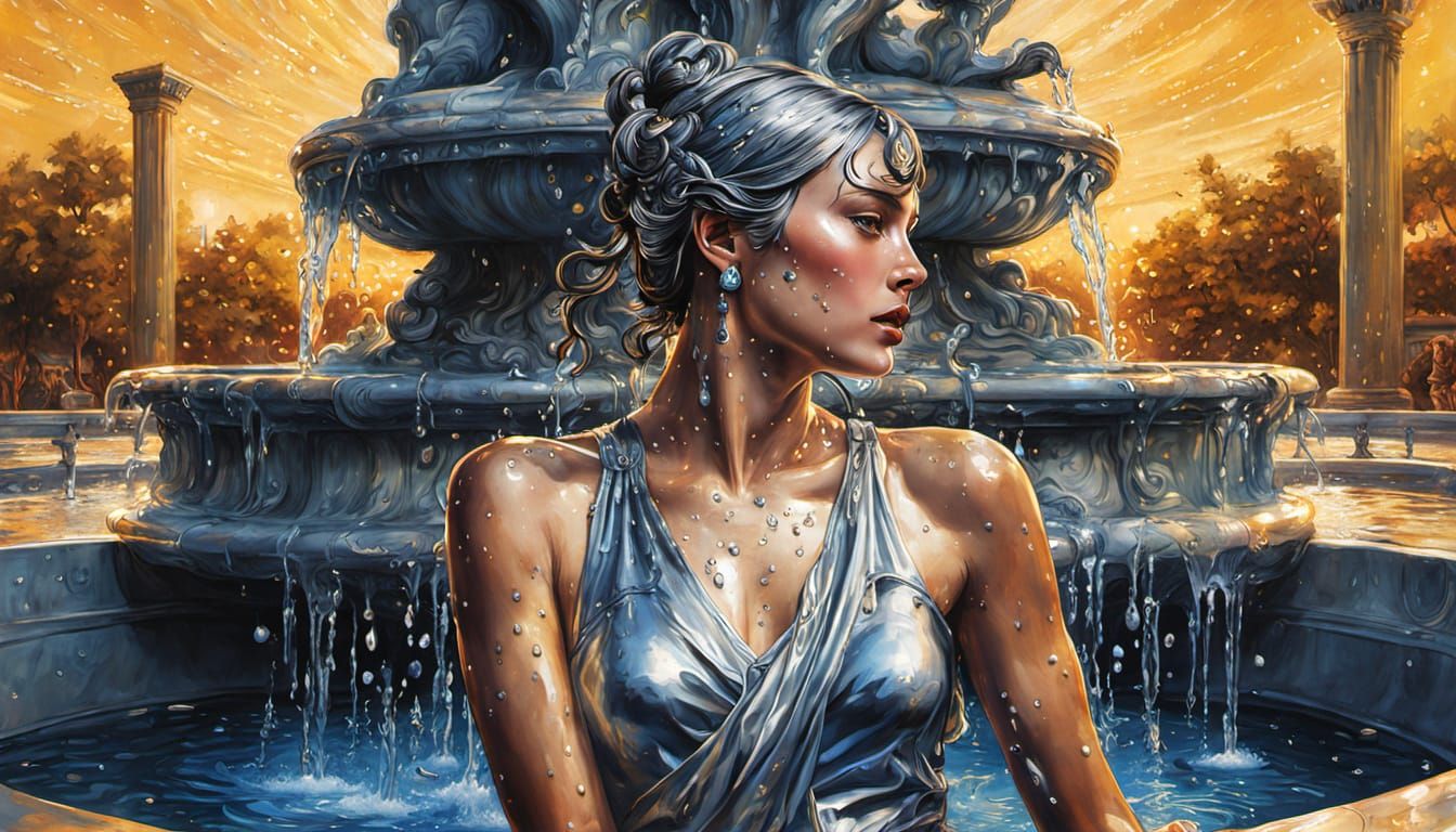 Sorayama Pinup: Woman in Greek Fountain, Oil Painting