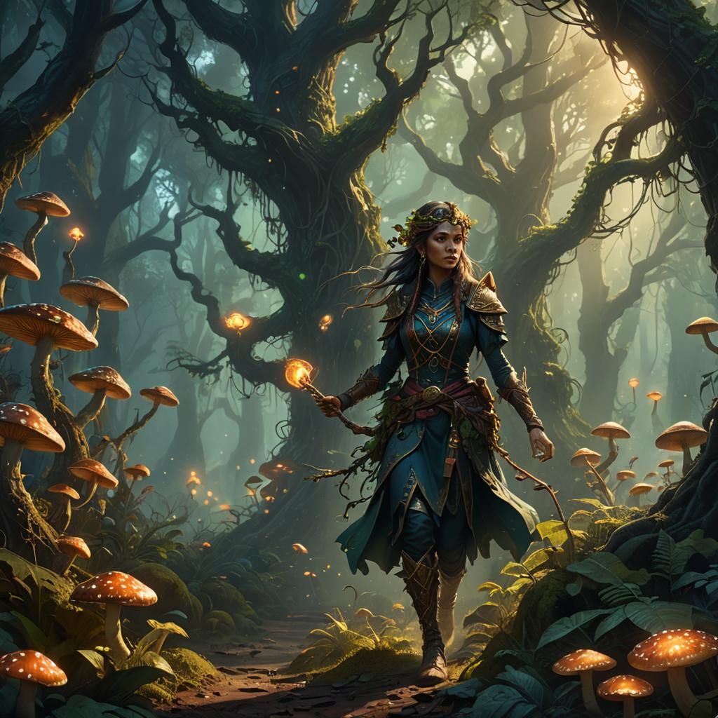 Fantasy Figure in a Glowing Mushroom Forest