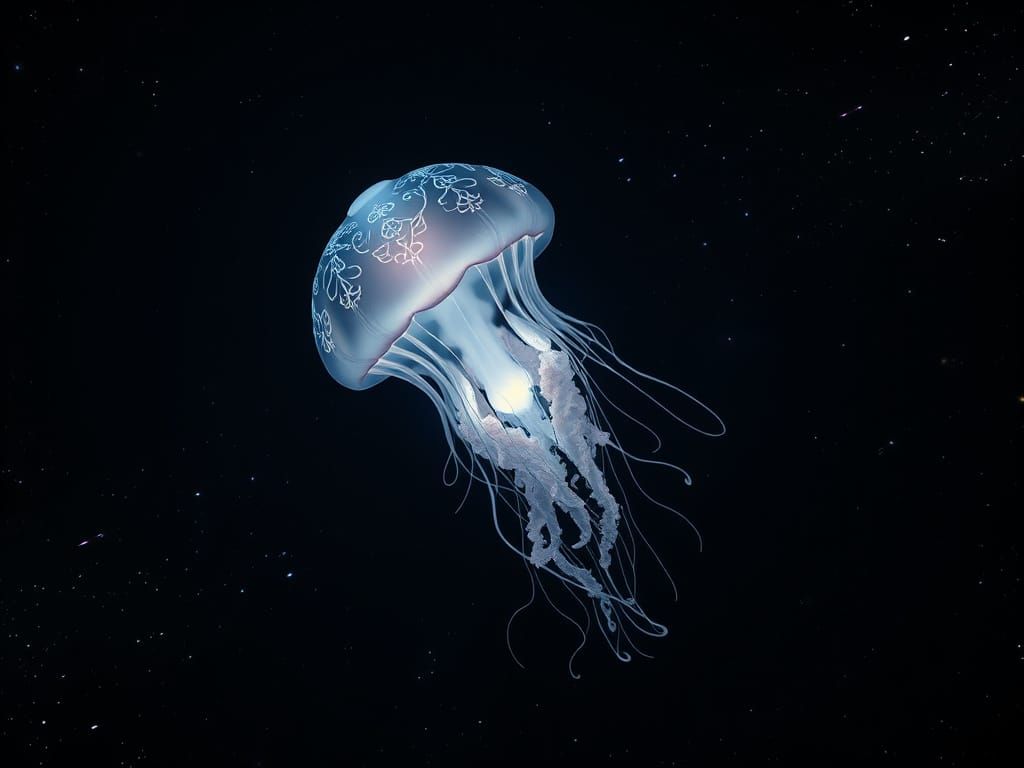 Bioluminescent Jellyfish Drifting Through Space in Art Nouve...