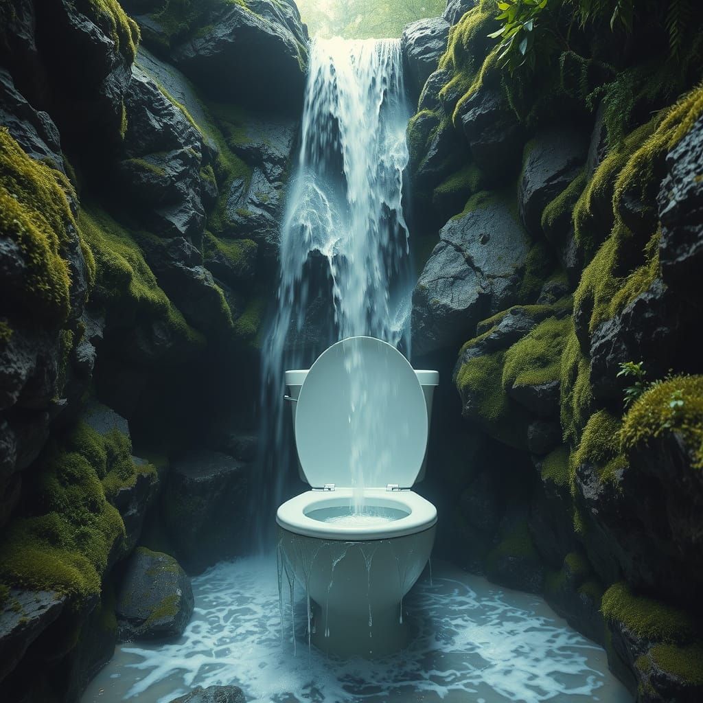 Waterfall Toilet Bowl in a Surreal Dreamscape