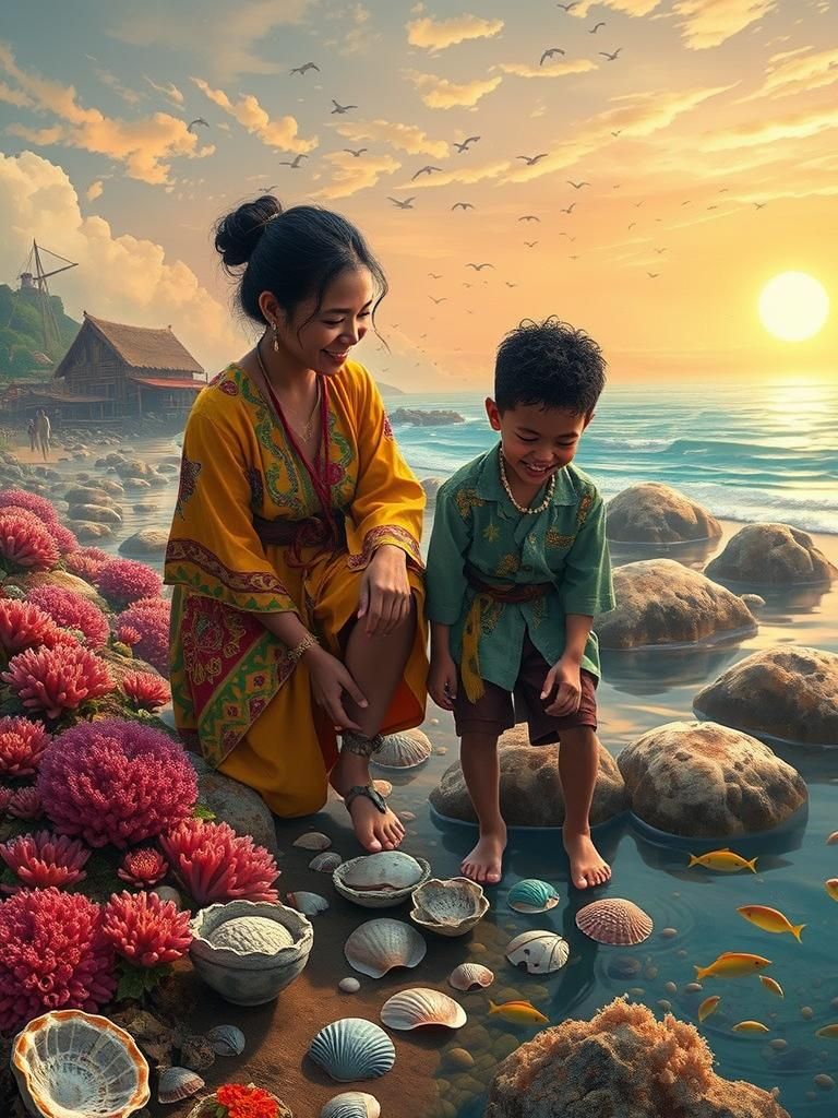 Joyful Mother and Son Collecting Shells