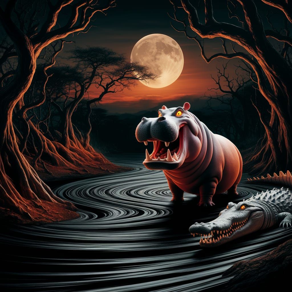 Eerie African River Spirits in Moonlit Tableau