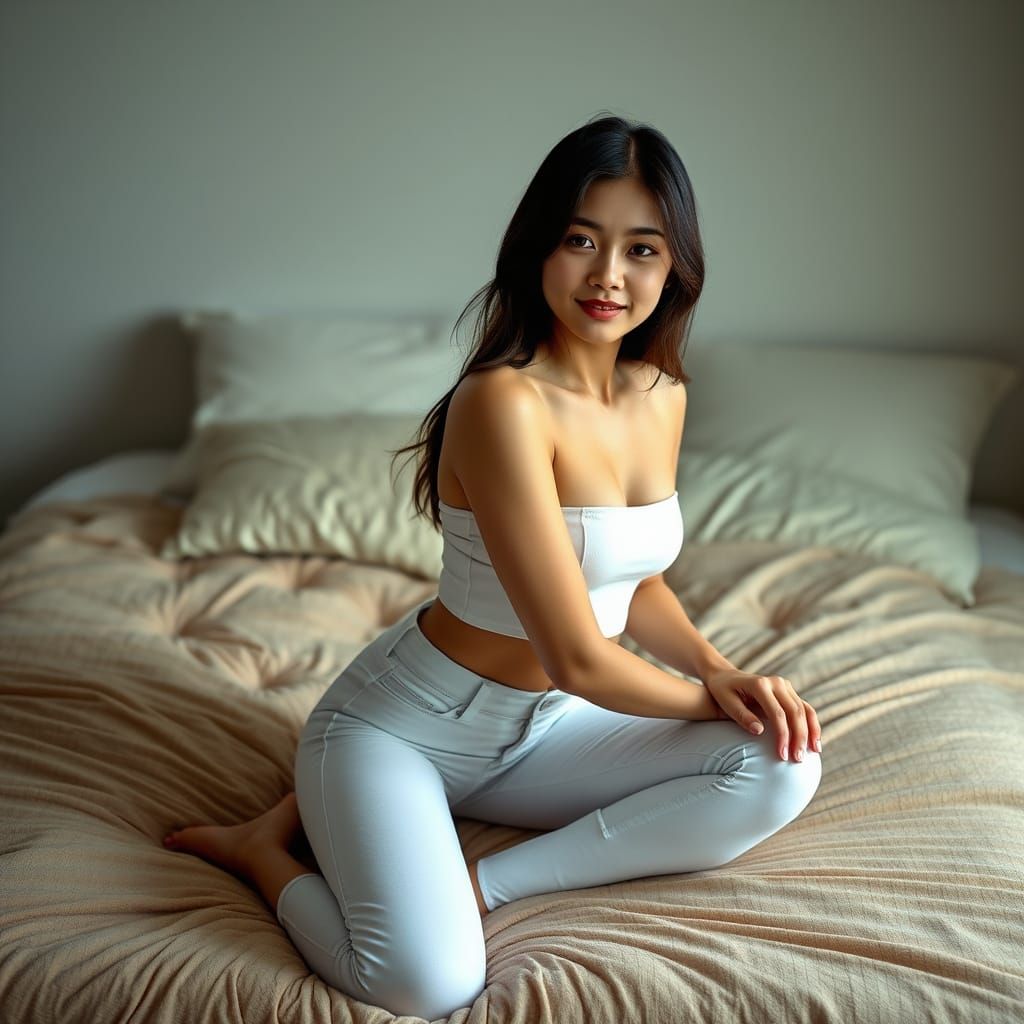 Young Woman Poses on Bed in Hyper-Realistic Style