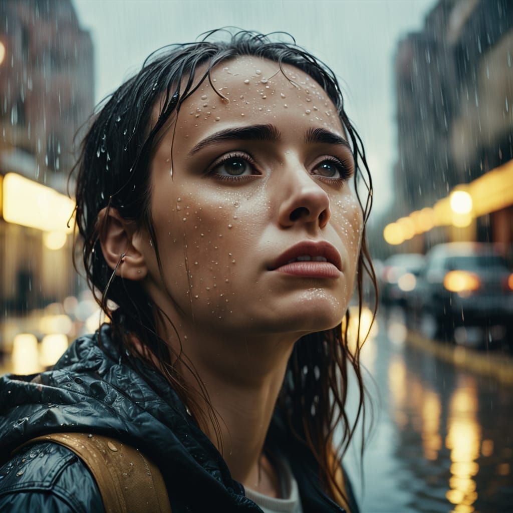 Sad Girl in Rainy Golden Hour: Cinematic Still