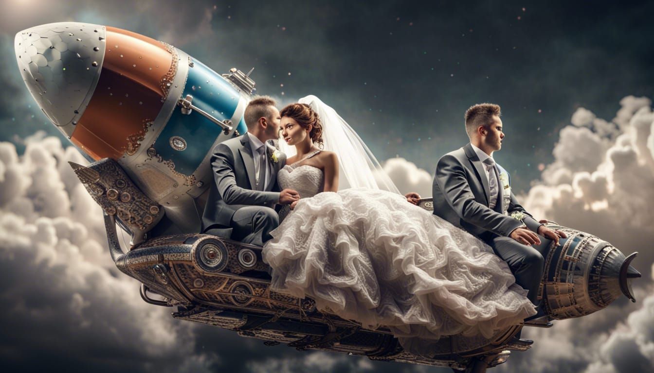 Bride and Groom Soaring on Rocket: 3D Render