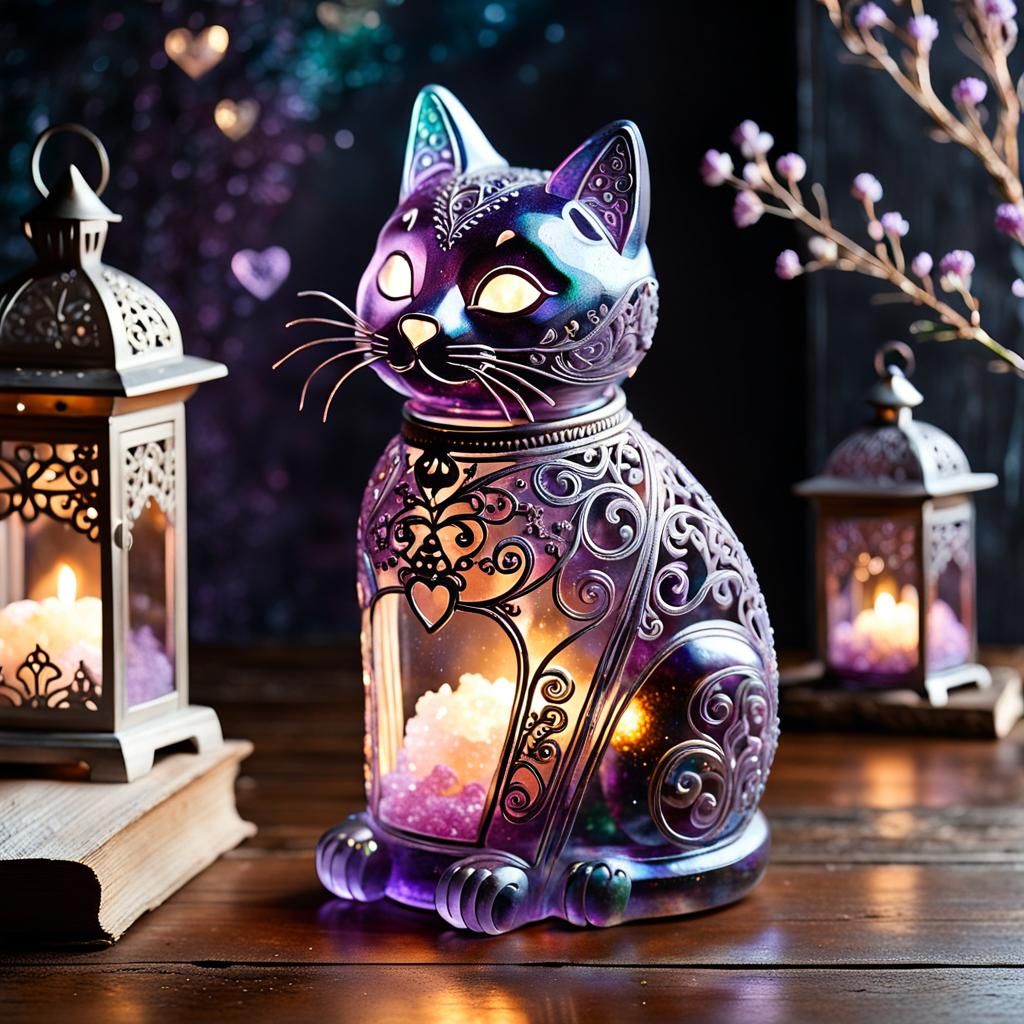 Cat Lantern in Iridescent Rococo Glass Art Style