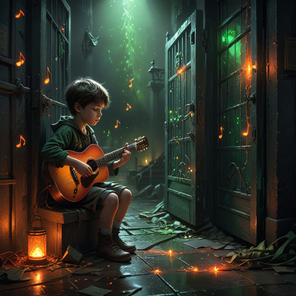 Child Plays Guitar in Dark Room Behind Locked Gate
