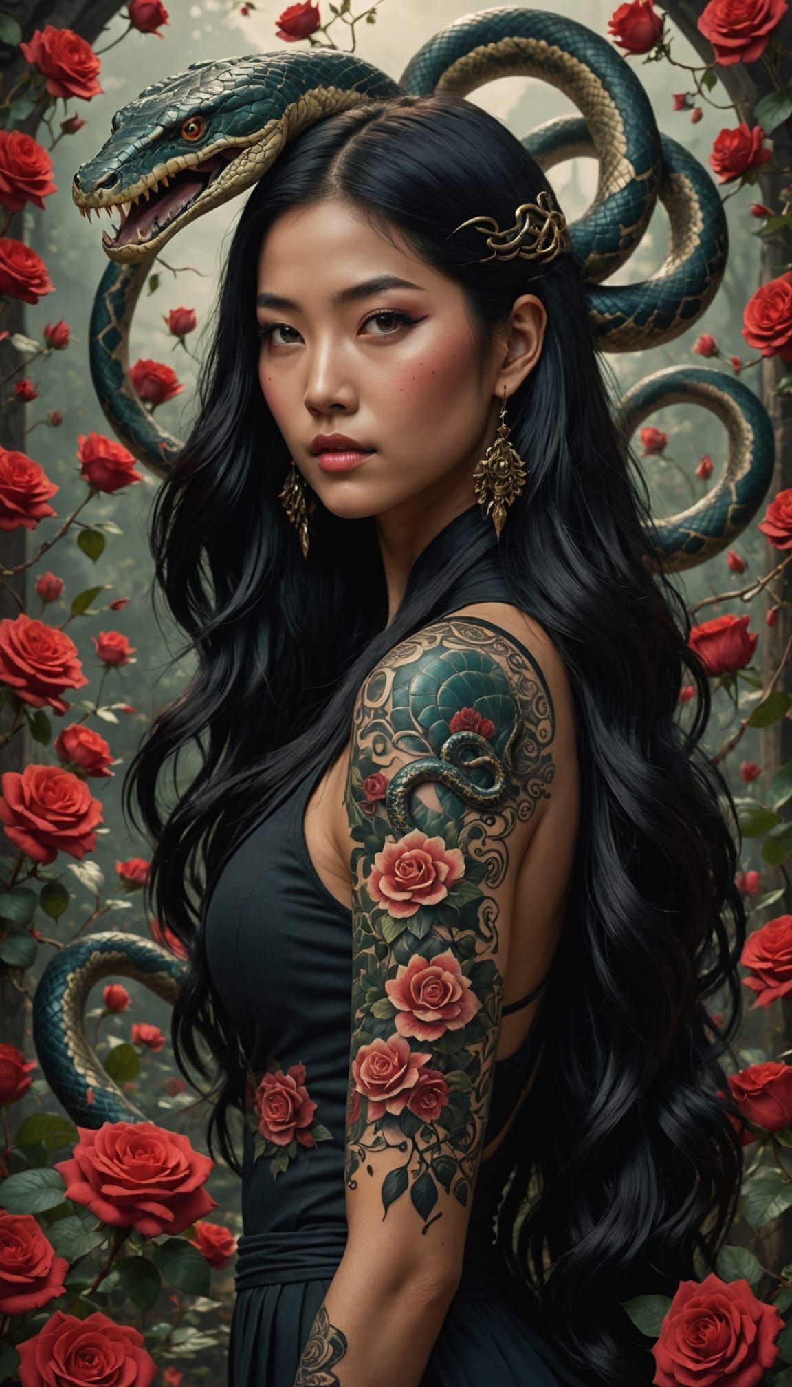 Asian Woman with Snake Tattoo: Fantasy Concept Art