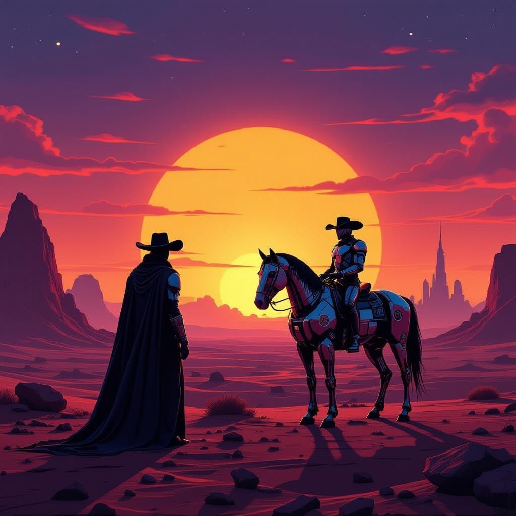 Cowboy on Mars with Robotic Horse at Alien Sunset